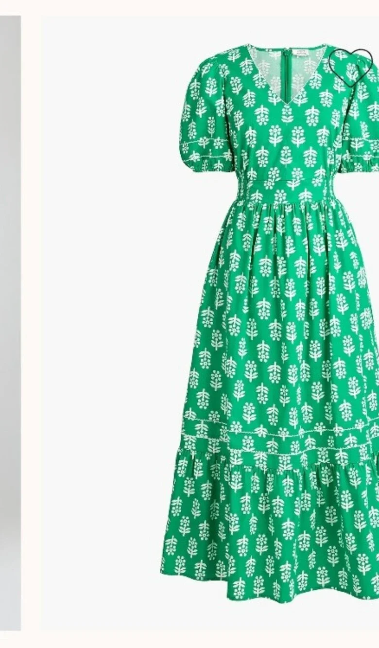 J. Crew size 10 12 16 Emerald Beryl Green Floral V-Neck Puff Sleeve Midi Dress - Picture 2 of 3